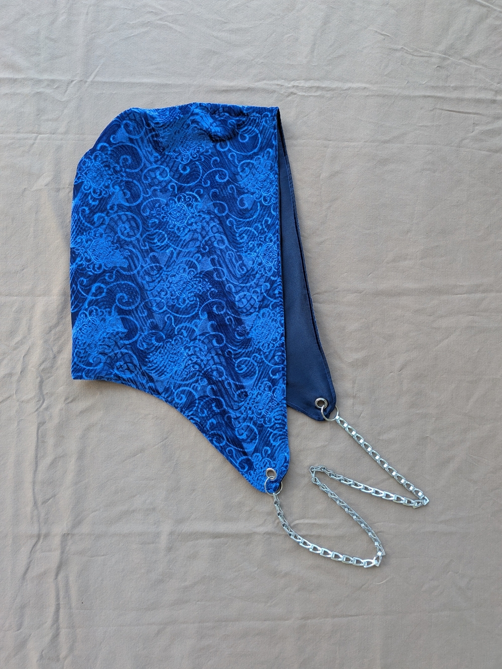 Blue Patterned Velvet Hood with Silver Chain